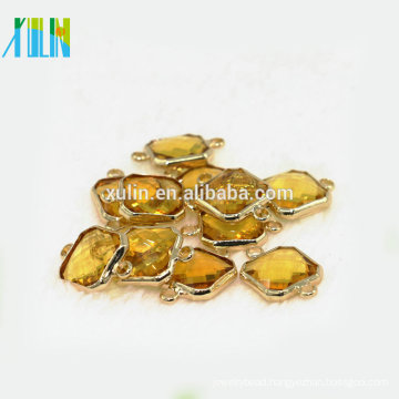 Newly cheap crystal gemstones 14*14mm citrine square shape K9 glass beads with golden brass edge crystal pendant connector